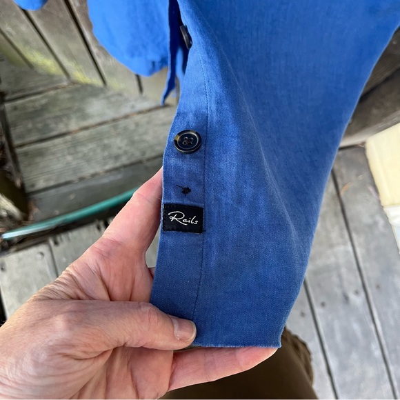 Rails Banks Military Patch Raw Edge Linen Blend Button Down Indigo Shirt Sz XS - Picture 4 of 16